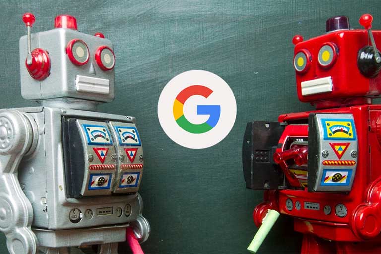 Two robots looking at each other with the Google Icon in the center