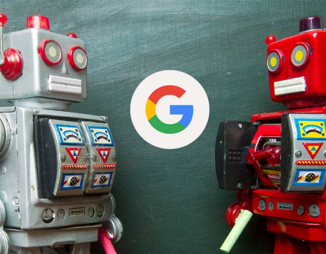 Two robots looking at each other with the Google Icon in the center