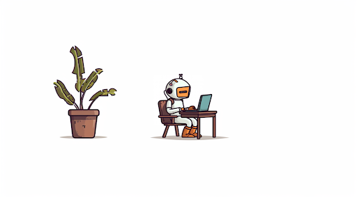 A robot on a computer using AI and a tree a plant in the background