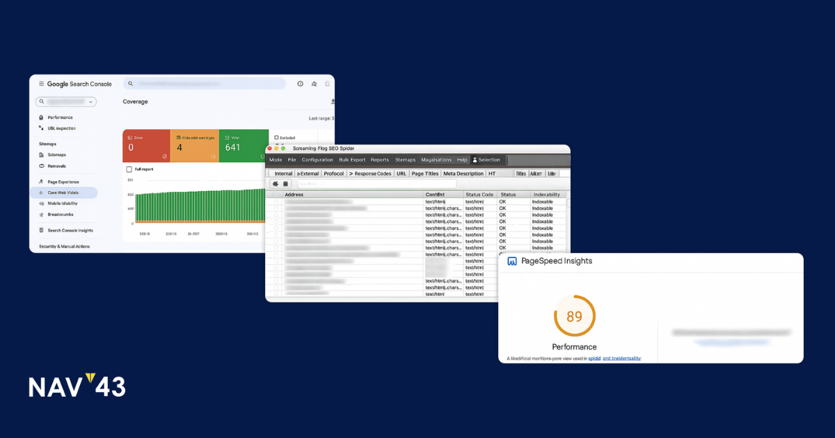 Screenshot compilation of essential SEO audit tools including Google Search Console and Screaming Frog