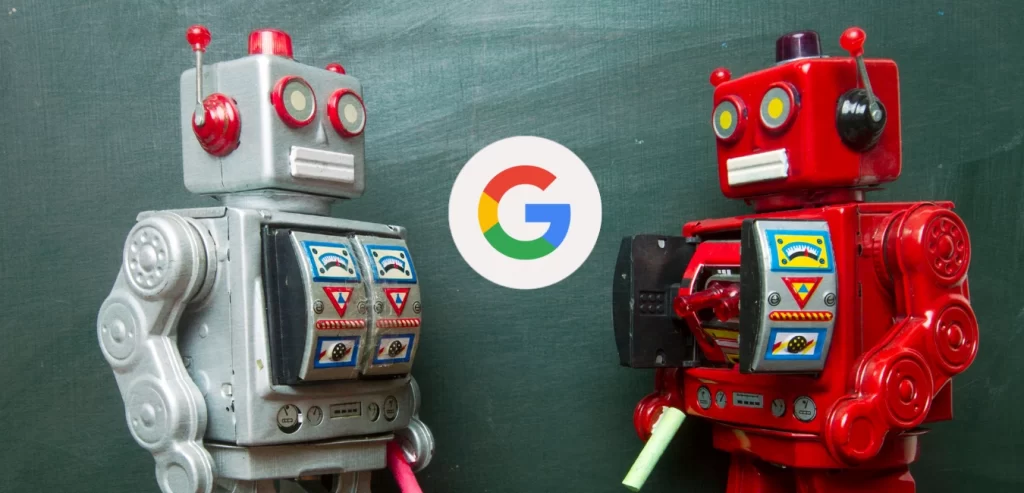 Two vintage robot toys with a google logo in the middle.