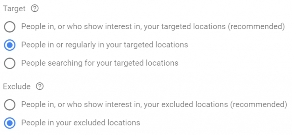 In-platform screenshot showing location options toggled